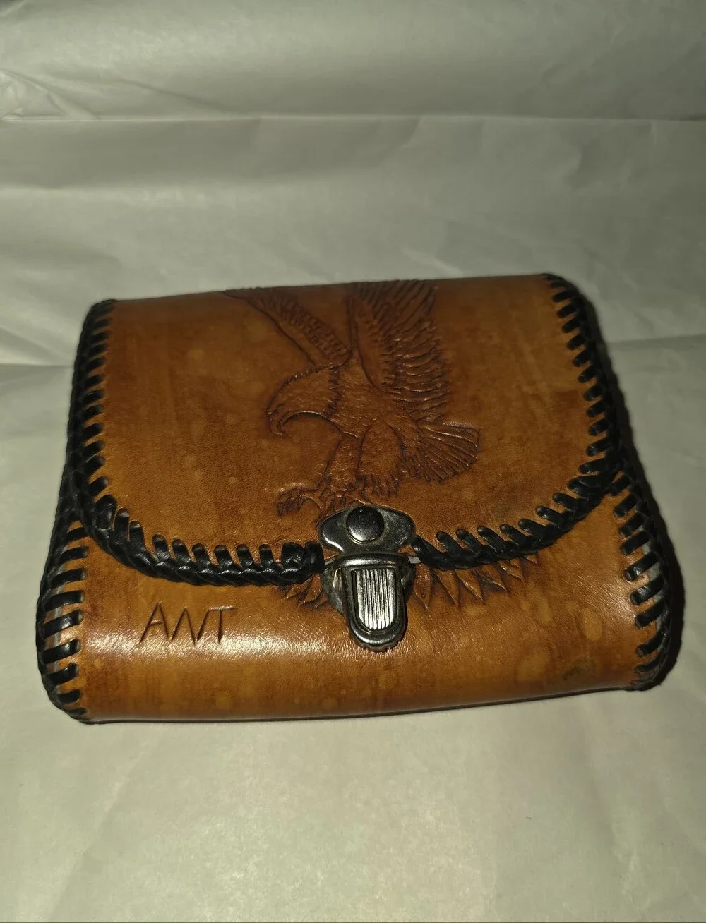 New,Handcrafted,Leather Eagle-Embossed Men's Wallet- Pouch Tan Black Stitching.